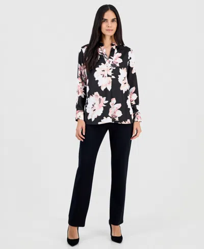 Anne Klein Petite Floral Satin Popover Blouse In Multi