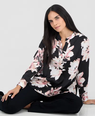 Anne Klein Petite Floral Satin Popover Blouse In Multi