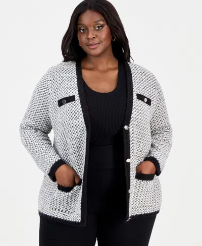 Anne Klein Plus Size Metallic-threaded Boucle Cardigan In Gray