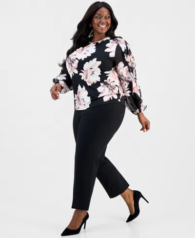 Anne Klein Plus Size Ruffled Blouson-sleeve Top In Multi