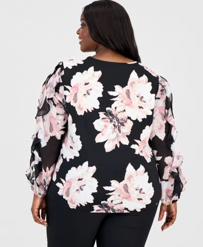 Anne Klein Plus Size Ruffled Blouson-sleeve Top In Multi