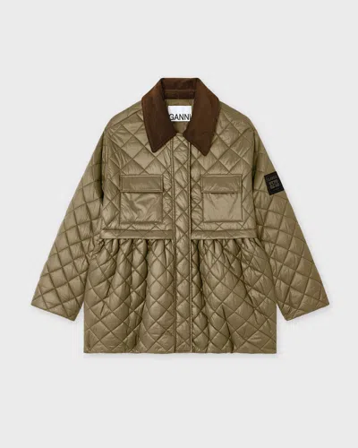 Ganni Jacket Shiny Quilt Midi In Green