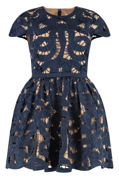 Self-portrait Blue Cotton Poplin Mini Dress With Bow Motif In Blue