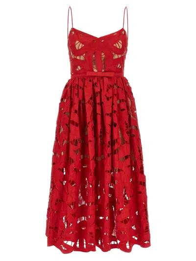 Self-portrait Embroidered Midi Dress With Bow In Red