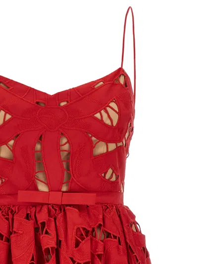 Self-portrait Embroidered Midi Dress With Bow In Red