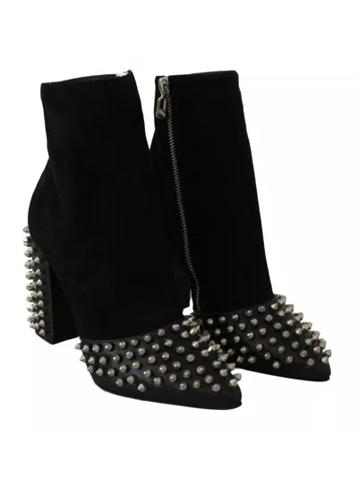 Philipp Plein Black Suede Studded Heels Ankle Boots Shoes In Black