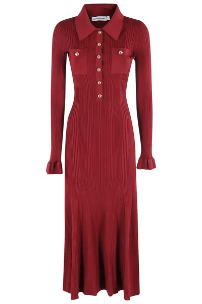 Self-portrait Knee Length Dress With Flared Cuffs And Pockets In Burgundy