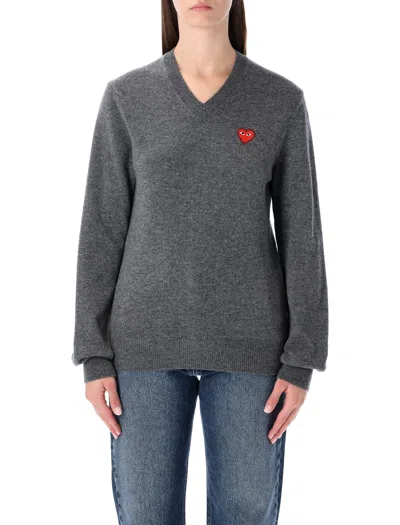 Comme Des Garçons Play Heart-emblem V-neck Sweater In Gray