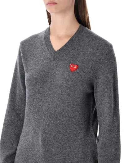 Comme Des Garçons Play Heart-emblem V-neck Sweater In Gray