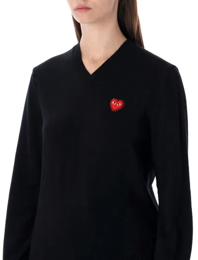 Comme Des Garçons Play Wool V-neck Sweater With Red Heart And Crystals In Black