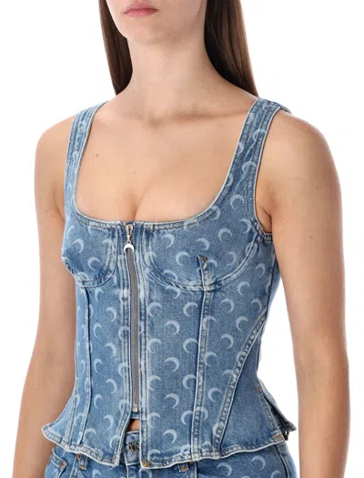 Marine Serre Moon Denim Bustier Top In Blue