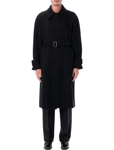 Ferragamo Long Belted Coat Side Pockets In Black