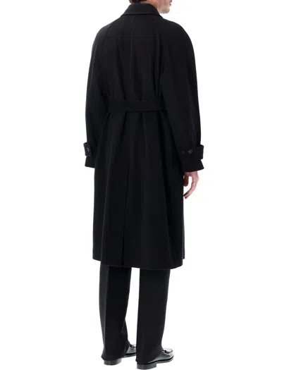 Ferragamo Long Belted Coat Side Pockets In Black