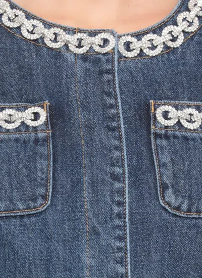 Self-portrait Cropped Denim Jacket With Crystal Chain Trims In Blue