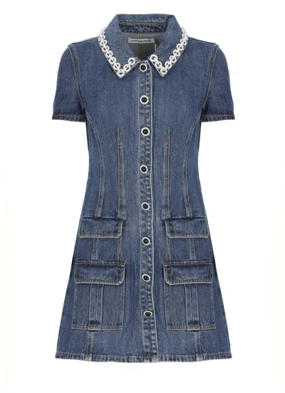 Self-portrait Fitted Denim Dress With Strass-detail Collar In Blue