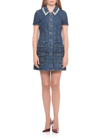 Self-portrait Fitted Denim Dress With Strass-detail Collar In Blue