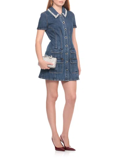 Self-portrait Fitted Denim Dress With Strass-detail Collar In Blue