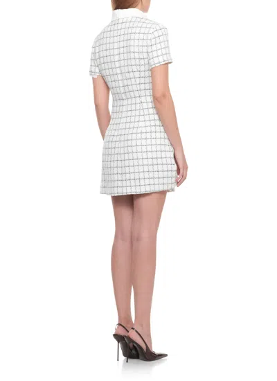 Self-portrait White Mini Dress With Jewel Buttons And All-over Check Motif In Tech Fabric Woman In White