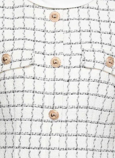 Self-portrait White Mini Dress With Jewel Buttons And All-over Check Motif In Tech Fabric Woman In White