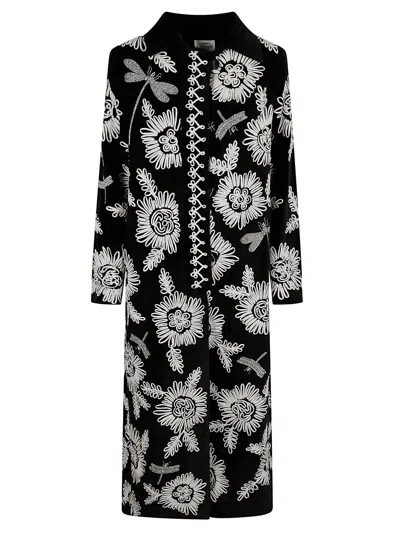 Forte Forte Long Coat With Floral Embroidery And Pockets In Black
