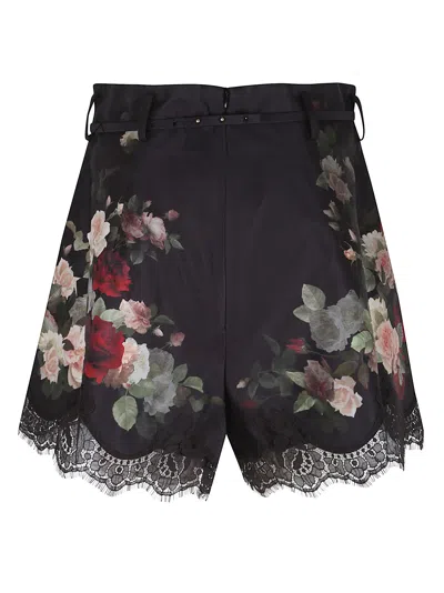 Zimmermann Belted Lace-trimmed Floral-print Silk And Cotton-blend Twill Shorts In Black