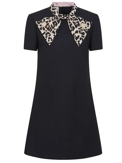 Valentino Black Crepe Couture Dress With Animal-print Bow