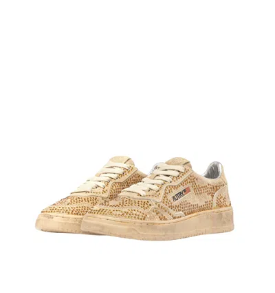 Autry Medalist Low Sneakers In Bronze Suede With Crystal Micro Rhinestones In Brown