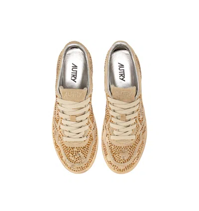 Autry Medalist Low Sneakers In Bronze Suede With Crystal Micro Rhinestones In Brown