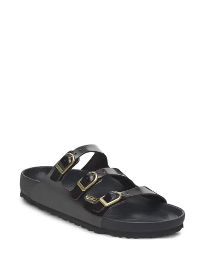 Birkenstock Black Sandals With Adjustable Straps And Gold-tone Buckles