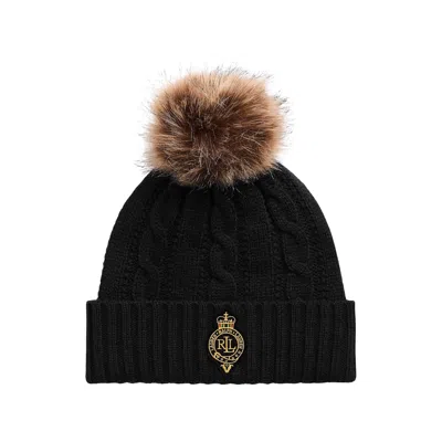 Ralph Lauren Crest-patch Pom-pom Cable-knit Beanie In Black