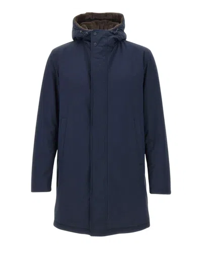 Herno Hooded Long Length Padded Coat With Button Pockets In Blue
