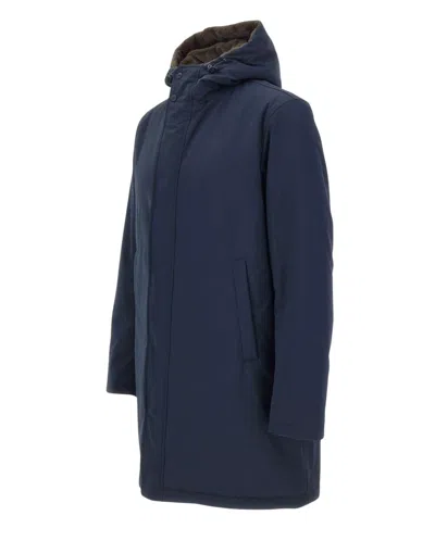 Herno Hooded Long Length Padded Coat With Button Pockets In Blue