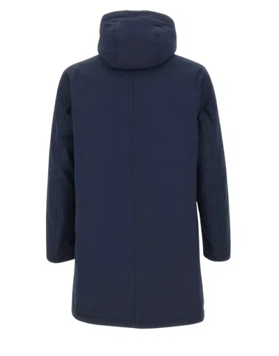 Herno Hooded Long Length Padded Coat With Button Pockets In Blue