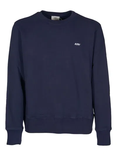Autry Blue Crewneck Sweater With Logo Embroidered On The Front In Cotton Man In Blue