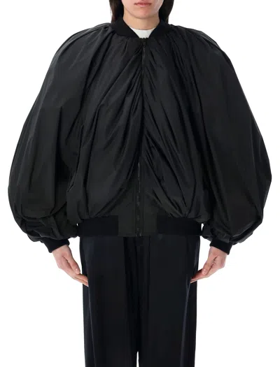 Balenciaga Draped Black Bomber Jacket In Technical Micro-faille In Black