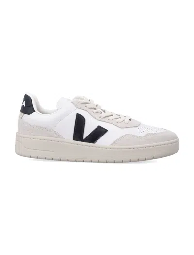 Veja V-90 White And Black Leather Sneakers In Gray