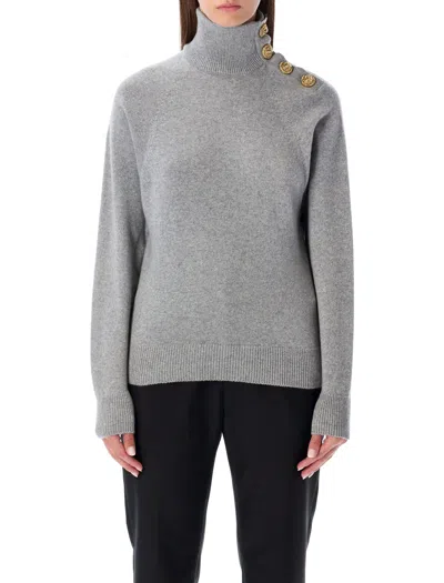 Balmain Grey High-neck Wool Sweater With Gold Buttons In Gray