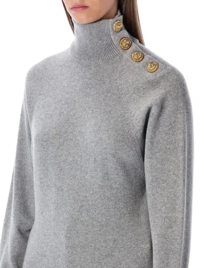 Balmain Grey High-neck Wool Sweater With Gold Buttons In Gray