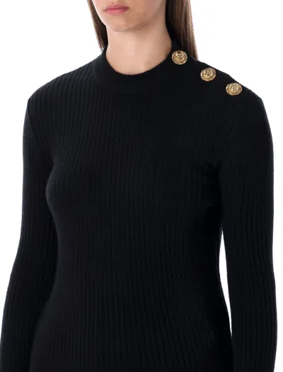Balmain Black Ribbed Wool Sweater With Gold Buttons In Black