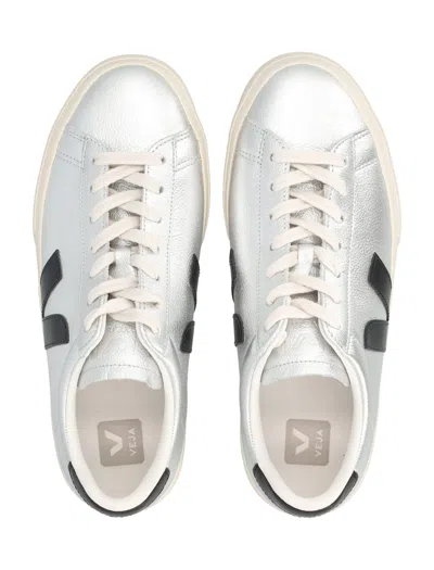 Veja Campo Silver And Black Leather Sneakers In Metallic