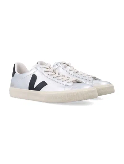Veja Campo Silver And Black Leather Sneakers In Metallic