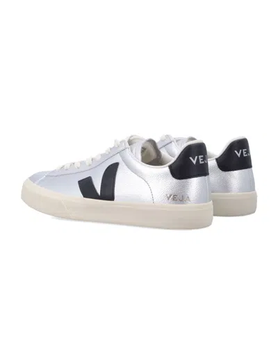 Veja Campo Silver And Black Leather Sneakers In Metallic