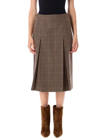 Saint Laurent Grey Midi Skirt With Side Concealed Zip Closure And All-over Check Motif In Wool And Cashmere Woman In Brown