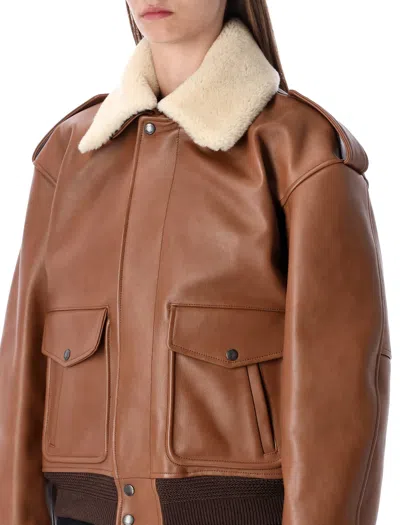 Saint Laurent Bomber Jacket In Hammered Leather And Shearling In Brown