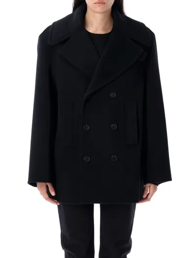Saint Laurent Wool Peacoat Wide Lapels In Black