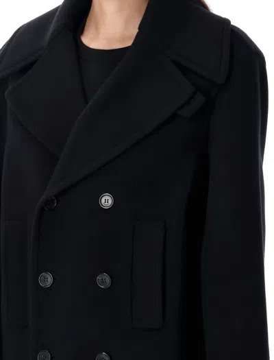 Saint Laurent Wool Peacoat Wide Lapels In Black