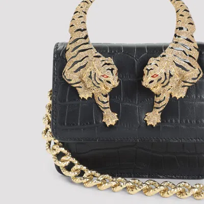 Roberto Cavalli Crocodile-embossed Leather Handbag With Tiger Handle In Black