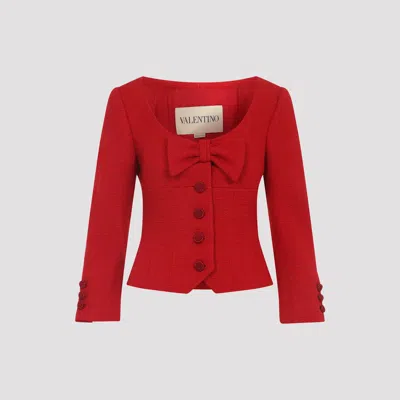 Valentino Short Jacket In Plain Wool Tweed In Red