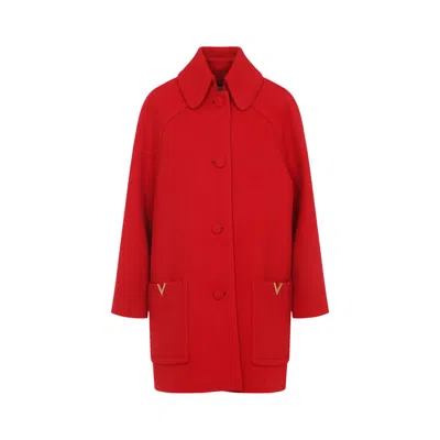Valentino Wool Coat With Ribbed Collar And Cuffs In Red