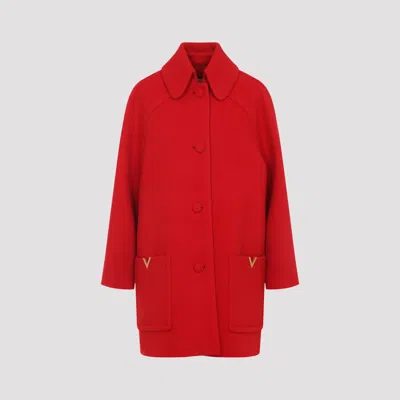 Valentino Wool Coat With Ribbed Collar And Cuffs In Red